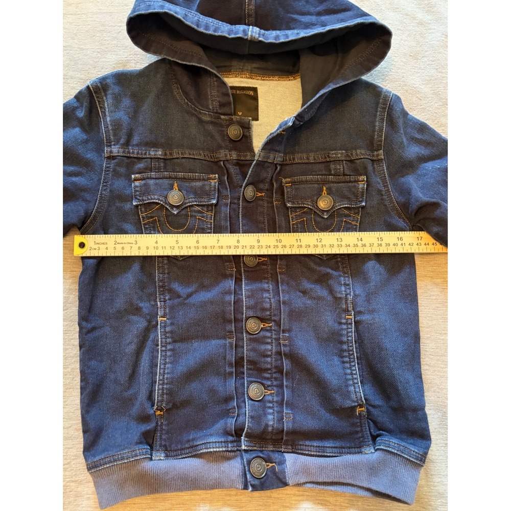 True Religion Denim Hoodie Jacket Dark Wash Contrast Stitch Button Front Womens - Picture 2 of 9